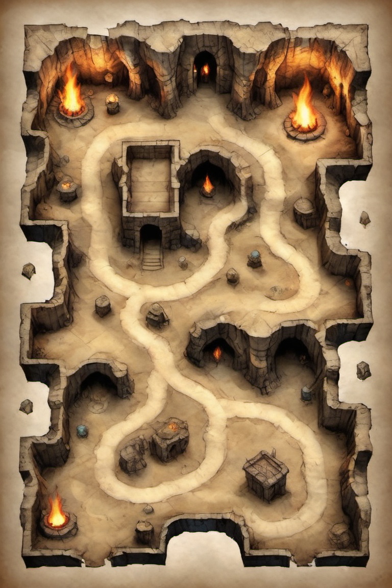 on parchment isometric subterranean mountain caves rpg battle map straight paths geometric wall torches many alcoves and h...