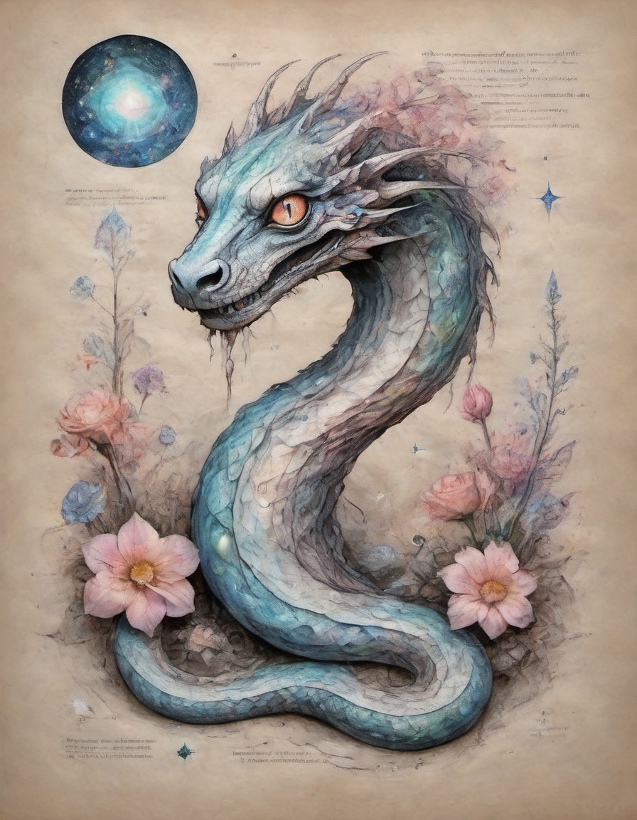 on parchment a hyper-real full-body photo portrait of a hauntingly beautiful pale pastel rainbow scaled sky serpent with h...