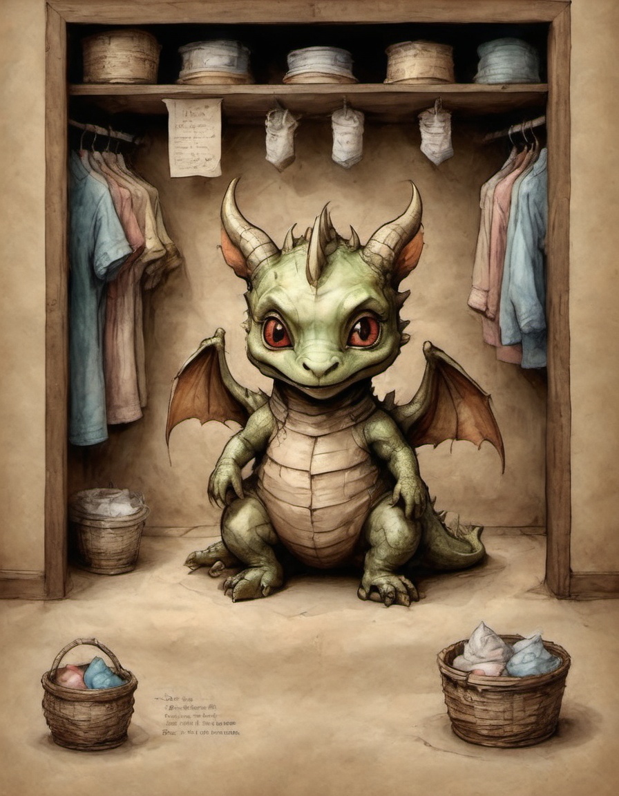 on parchment there's a real baby dragon in the closet at the bottom of a full clothes closet is a fierce cute baby dragon...