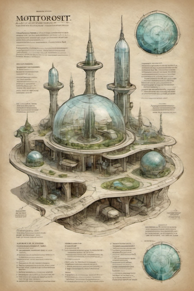 expert cartography well-planned futuristic city glass domes and hydroponics on a off-world outpost clean line art annotate...