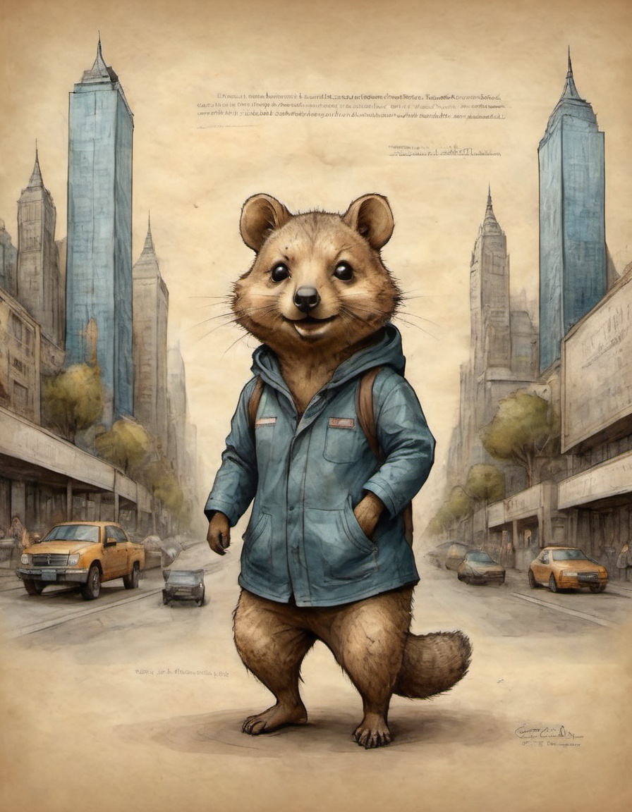 on parchment an adorable quokka taking a walk in a big city on Tensor.Art