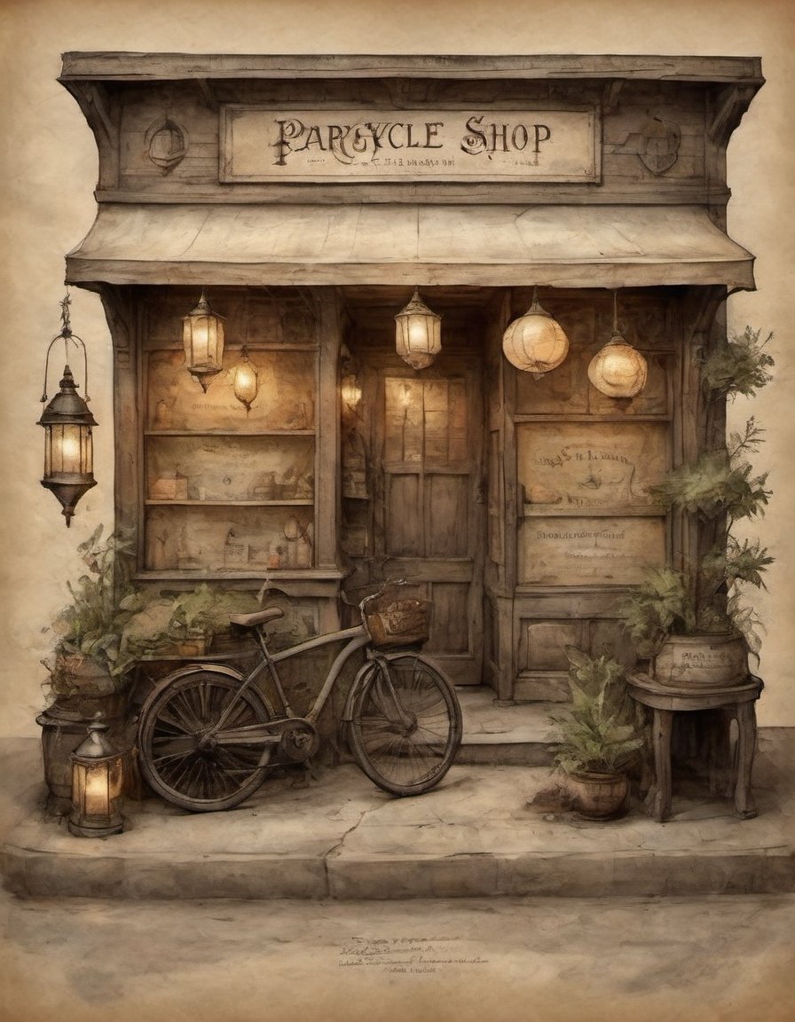 on parchment bicycle shop storefront ground vehicle paper lantern plant sign scenery on Tensor.Art