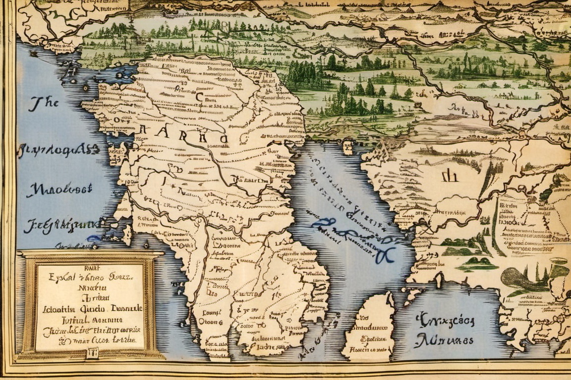 on parchment top-down view map with elaborate annotated roads and rivers pictographic depictions of forests and mountains...