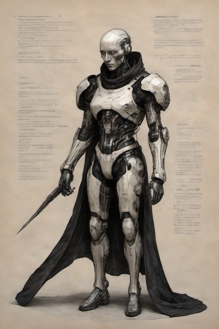 on parchment cyborg ith robe moody aesthetic by maciej kuciara black and color pencil and ink annotated illustration on Te...