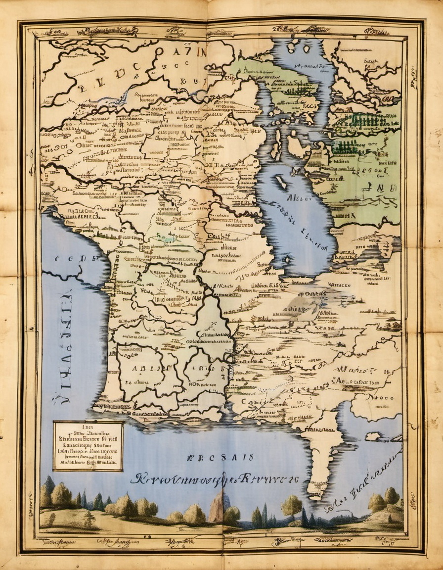 on parchment top-down view map with elaborate annotated roads and rivers pictographic depictions of forests and mountains...