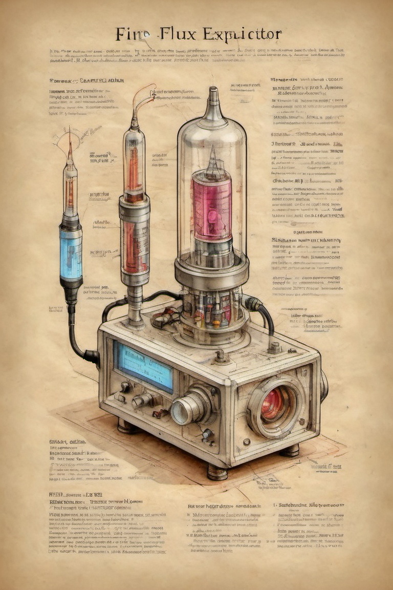 on parchment isometric diagram of a boxy flux capacitor with exposed vacuum tubes and an oscilloscope and digital display...