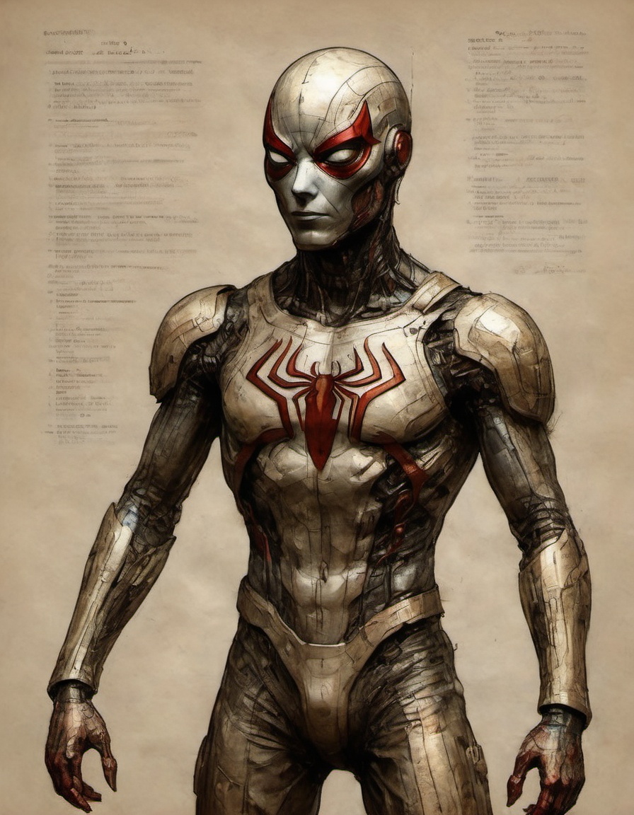 on parchment futuristic cybernetic scifi mecha Spiderman suit Marvel character design rust and metal and copper mad max fu...
