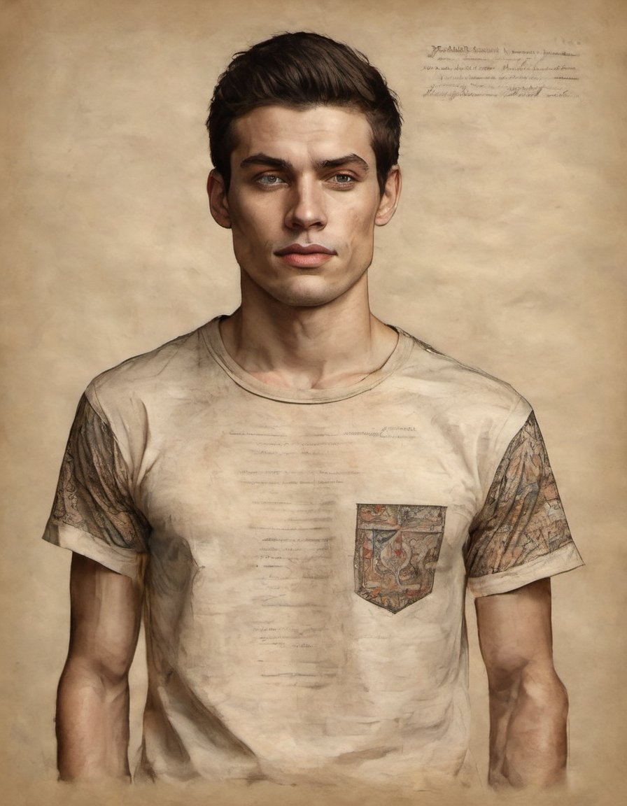 portrait on parchment of a male model wearing a patterned t-shirt on Tensor.Art