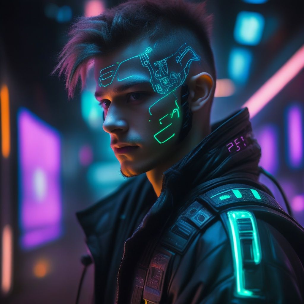 close-up, maximum detail, science fiction, distant future, cyberpunk, a man, 22 years old,wearing a cyberpunk outfit, led lights, neon, screens with alien symbols,Movie Still,NightmareFlame, <lora:EMS-21831-EMS:0.8>