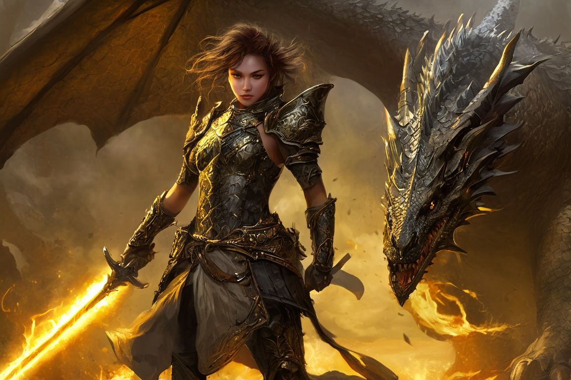 Realistic, a girl holding a sword and wears an armor made of scales facing toward Dragon made of scales, Yellow and black, ancient and seasoned look, Epic, Huge and intimidating wings, Sharp and dangerous fangs, Desolate, Full body, Majestic, Intricately detailed, Artistic lightning, Particles, Beautiful, Dazzling, Shocking, Highly detailed, digital art, sharp focus, trend in Art Station, frame, NightmareFlame,HZ Steampunk, <lora:EMS-17097-EMS:0.8>, <lora:EMS-21831-EMS:0.8>