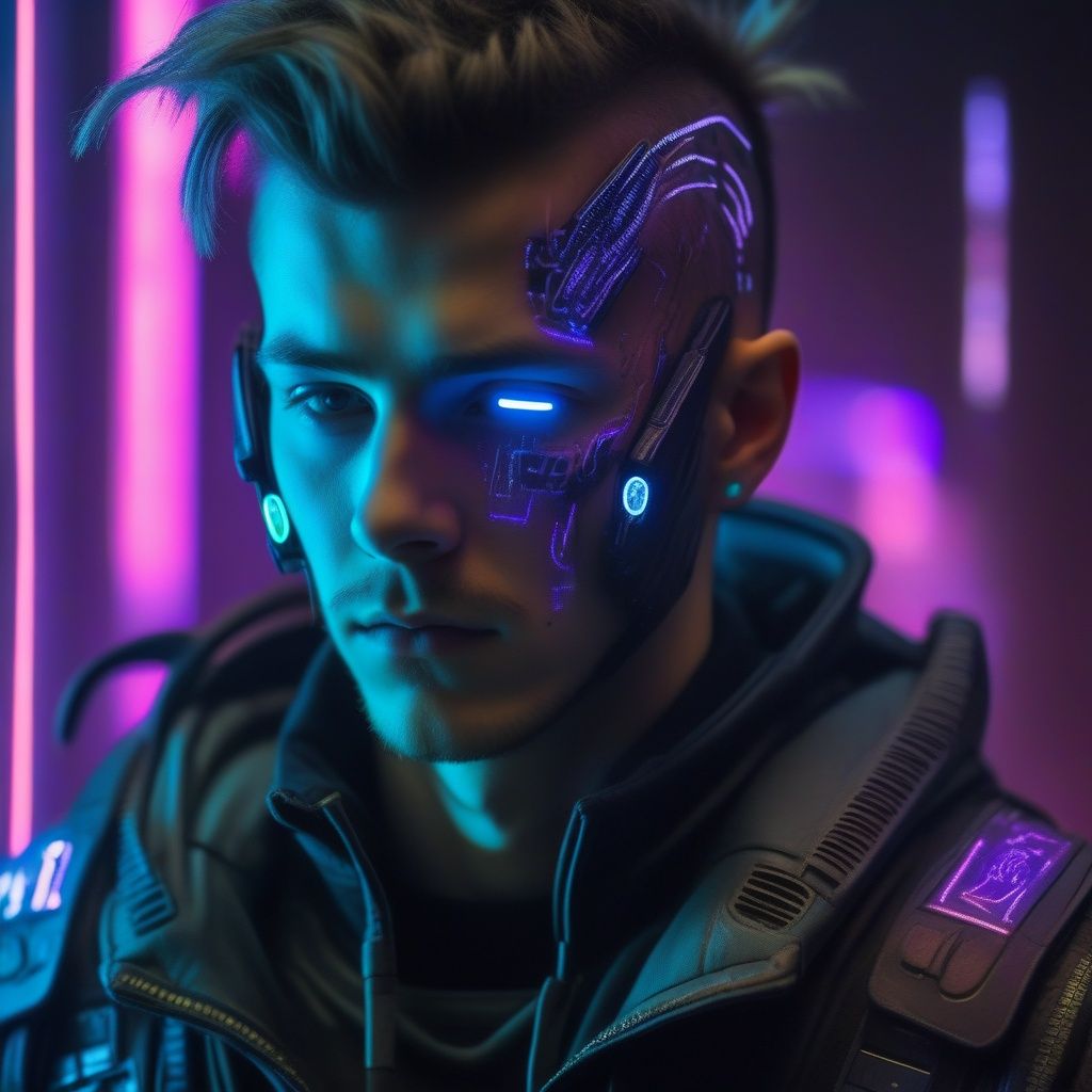 close-up, maximum detail, science fiction, distant future, cyberpunk, a man, 22 years old,wearing a cyberpunk outfit, led lights, neon, screens with alien symbols,Movie Still,NightmareFlame, <lora:EMS-21831-EMS:0.8>