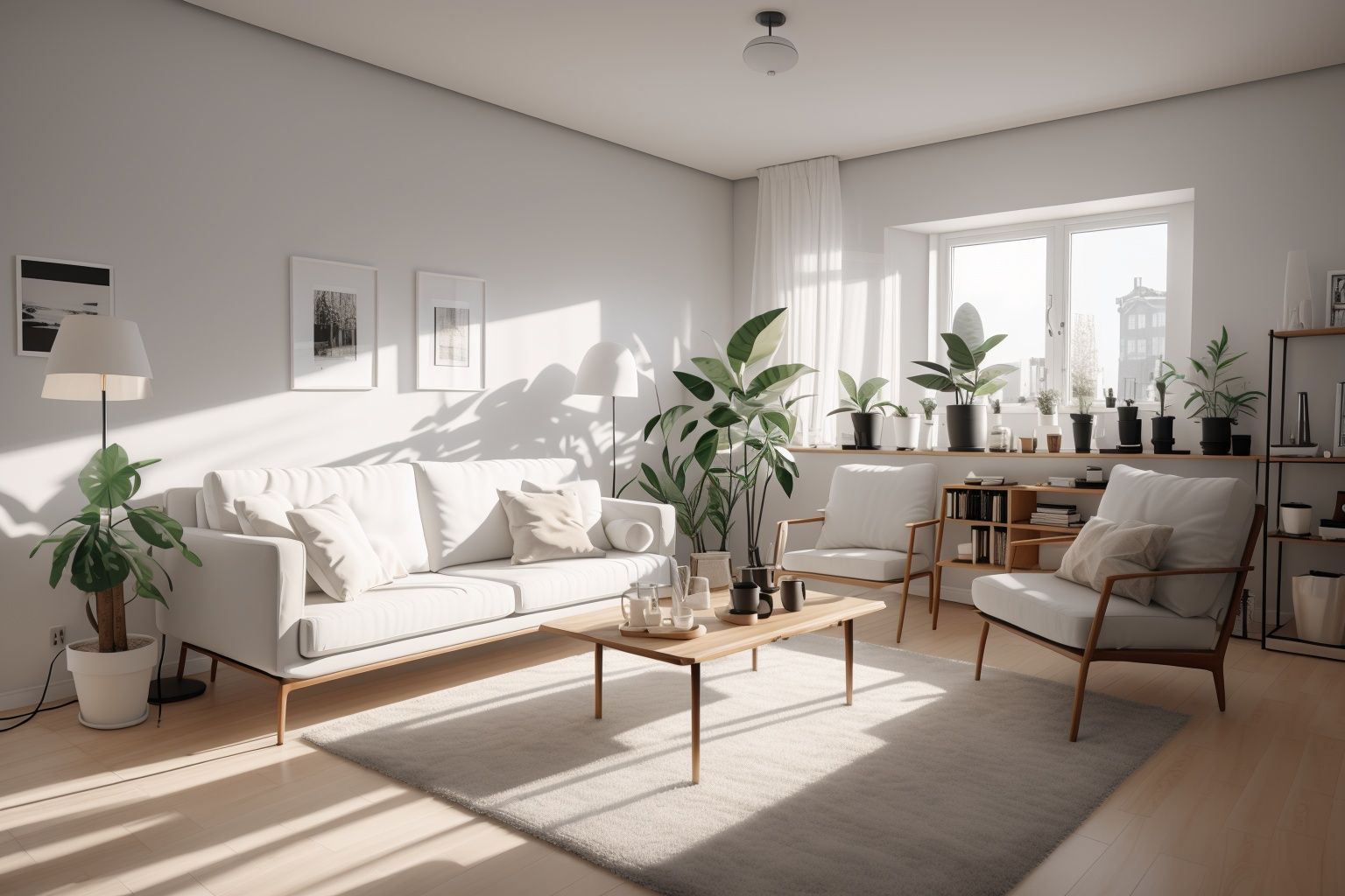 no humans, window, couch, chair, scenery, indoors, desk, lamp, box, plant, pillow, potted plant, table