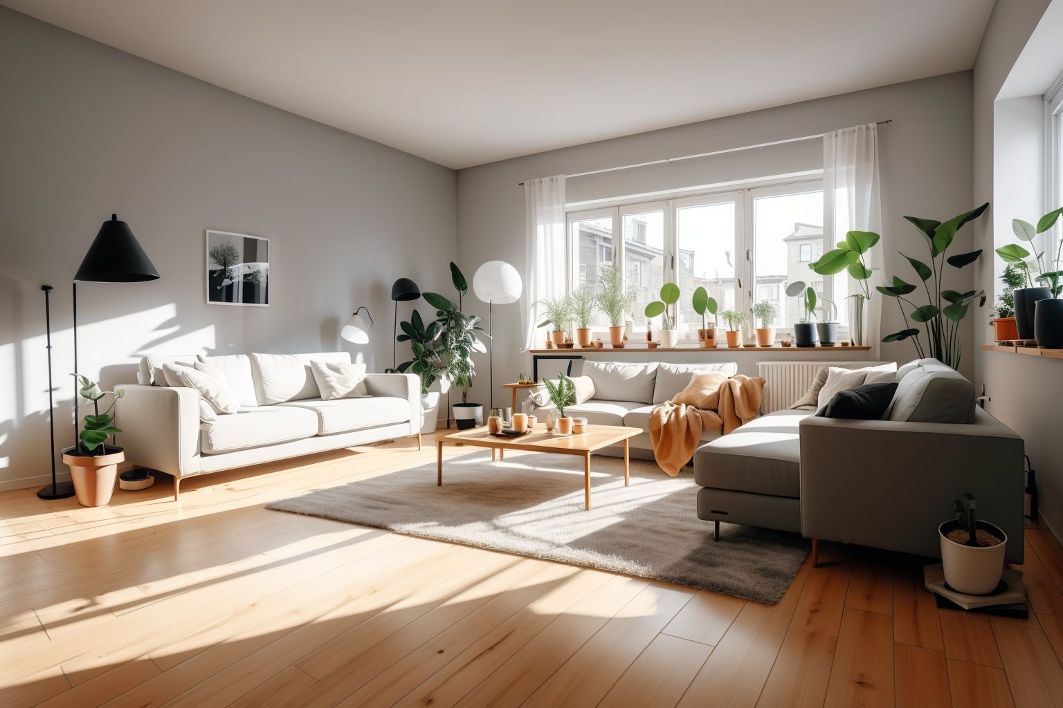 plant, potted plant, wooden floor, indoors, no humans, chair, couch, scenery