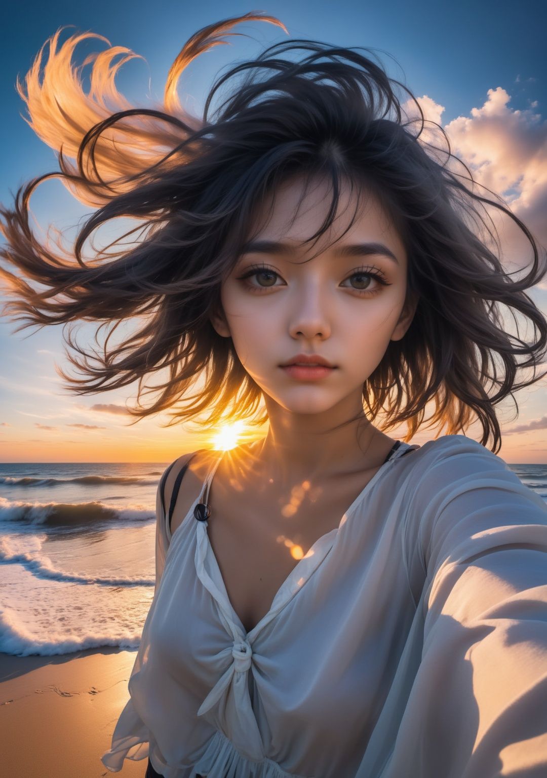 xxmix_girl,a woman takes a fisheye selfie on a beach at sunset, the wind blowing through her messy hair. The sea stretches out behind her, creating a stunning aesthetic and atmosphere with a rating of 1.2.