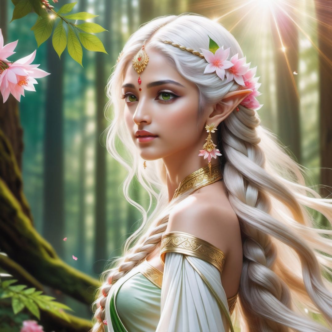 (masterpiece, best quality, high quality, highres, ultra-detailed), realistic,1 sweet girl, the greater lord rukkhadevata, (side braid:1.1), long hair,((white hair)), leaf hair ornament, (pointy ears), elf, green eyes, pale skin, bare shoulders, (medium breasts), (cleavage:1.1), jewelry, white long dress, (detached sleeves:1.1), bracelet, (looking away:1.2), (hair floating:1.3), from side,(in forest:1.3), (pink flowers:1.1), (falling petals:1.1), (lens flare from right:1.2), (god rays from right:1.2),