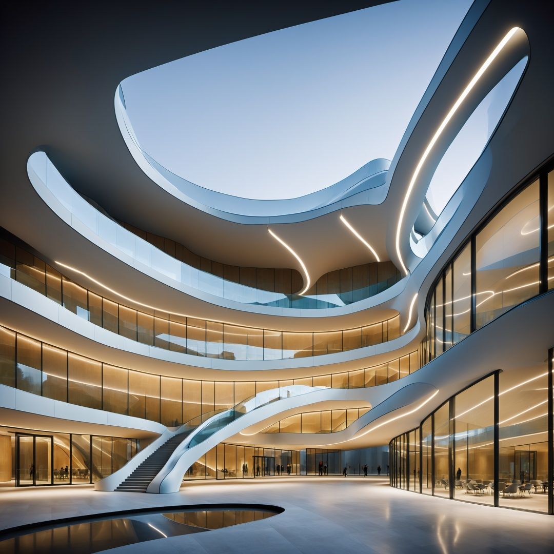 Zaha Hadid's futuristic architectural style is known for its unique streamlining and technological innovation. To capture the building's awe-inspiring design and highlight its fluid form and seamless blend of technology, you can try the following:Emphasis on streamlined shapes: Use curves and arcs to accentuate the streamlined appearance of the building. This can be achieved by choosing round or streamlined structural elements, such as curved windows, curved walls or curved stairs.Leverage modern materials: Choose futuristic modern materials such as glass, steel and concrete to create a unique architectural look. These materials can be used in creative ways, such as glass curtain walls, steel supports or the sculptural texture of the concrete exterior to highlight the technicality and modernity of the building.Introducing innovative technologies: Incorporating the latest technologies into the building design, such as smart home systems, sustainable energy solutions or advanced building structures. These techniques can be reflected in the appearance and function of the building, further highlighting the futuristic and modernity of the building.Optimize spatial fluidity: Focus on spatial fluidity in architectural design through the use of open floor layouts, seamless connections and smooth lines. This will allow people to feel the streamlined flow of space inside the building, while highlighting the design innovation and modernity of the building.Creative lighting design: lighting design can enhance the building's streamlined appearance and sense of technology. Use soft lighting to highlight the curves and arcs of the building, or use LED strips and floodlights to illuminate specific parts of the building to emphasize the uniqueness of its design