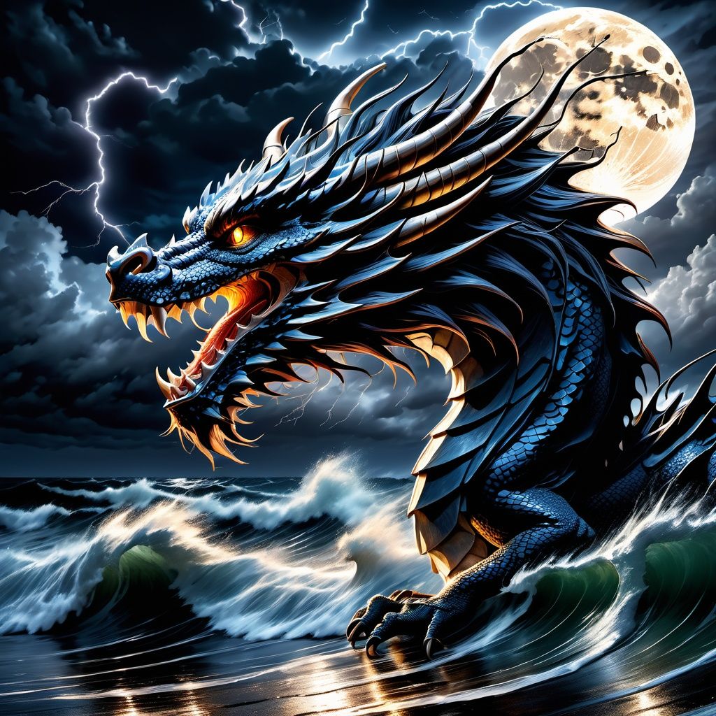 dragon,zhongguolong,reflection,solo,outdoors,from side,scales,ocean,full body,night,moon,Black Cloud,Lightning,rainstorm,wild winds and huge waves,High resolution, master like work, (masterpiece: 1.2), best quality, ultra detailed, realistic rendering,