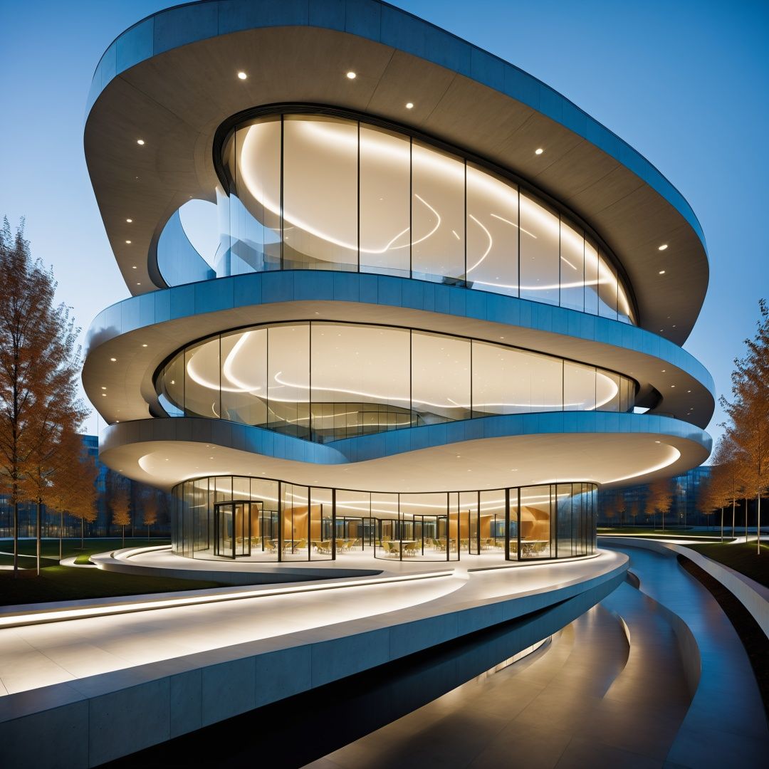 Zaha Hadid's futuristic architectural style is known for its unique streamlining and technological innovation. To capture the building's awe-inspiring design and highlight its fluid form and seamless blend of technology, you can try the following:Emphasis on streamlined shapes: Use curves and arcs to accentuate the streamlined appearance of the building. This can be achieved by choosing round or streamlined structural elements, such as curved windows, curved walls or curved stairs.Leverage modern materials: Choose futuristic modern materials such as glass, steel and concrete to create a unique architectural look. These materials can be used in creative ways, such as glass curtain walls, steel supports or the sculptural texture of the concrete exterior to highlight the technicality and modernity of the building.Introducing innovative technologies: Incorporating the latest technologies into the building design, such as smart home systems, sustainable energy solutions or advanced building structures. These techniques can be reflected in the appearance and function of the building, further highlighting the futuristic and modernity of the building.Optimize spatial fluidity: Focus on spatial fluidity in architectural design through the use of open floor layouts, seamless connections and smooth lines. This will allow people to feel the streamlined flow of space inside the building, while highlighting the design innovation and modernity of the building.Creative lighting design: lighting design can enhance the building's streamlined appearance and sense of technology. Use soft lighting to highlight the curves and arcs of the building, or use LED strips and floodlights to illuminate specific parts of the building to emphasize the uniqueness of its design
