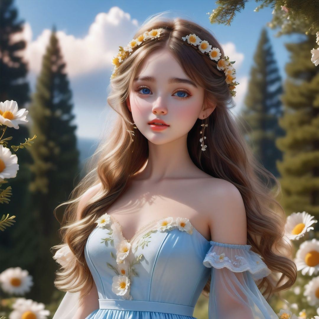(best quality), (realistic, photo-realistic:1.3), (masterpiece:1.3), unity, 8k, amazing, finely detail, ultra-detailed, highres,1girl,(cowboy shot:1.2),sexy body, (cute face), young,kawaii,long hair, disheveled hair, messy hair, lucency full dress,lazy,elegant,curvy,flower,blue sky,dappled sunlight,real,forest,extremely delicate and beautiful, extremely detailed, beautiful detailed girl, best shadow, extremely detailed eyes and face, beautiful detailed nose, beautiful detailed hand, beautiful delicate glossy lips:0.8, (glossy face and body skin), ((oily body skin)),slg,