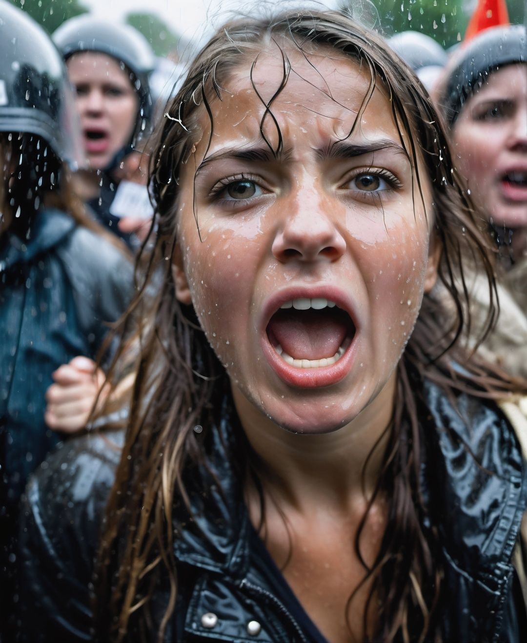 leogirl, realistic Documentary photography,1girl, A young female activist shouting angrily directly into the camera at a protest. Rain pouring down their face distorts their features, conveying outrage and passion. The diffuse natural light heightens the raw, emotional impact.