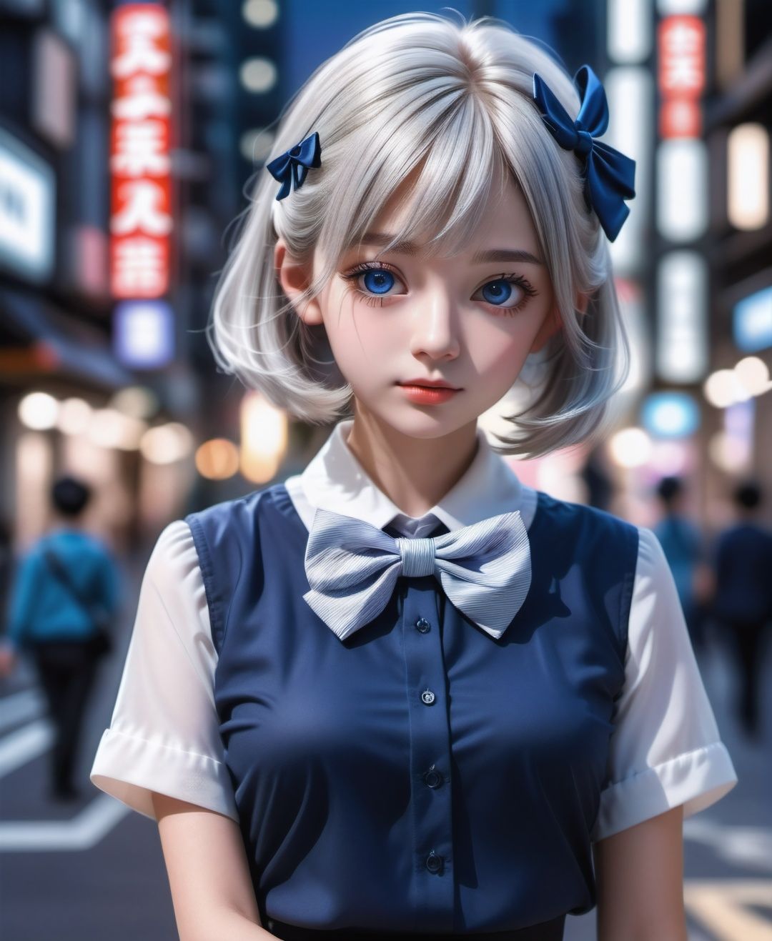 1girl,(8k, RAW photo, best quality, masterpiece:1.3),(realistic,photo-realistic:1.37),(night),(looking at viewer:1.331),(white hair),posing,Tokyo street,nightcityscape, , cyberpunk city,soft light,1girl,extremely beautiful face,bust,put down hands,Random hairstyle,Random expression,big eyes, ,lower abdomen,(short-sleeved JK_shirt),JK_style,(dark blue JK_skirt) ,(bow JK_tie),mix4, an extremely delicate and beautiful girl, depth of field, blurry background, blurry foreground, delicate, beautiful, beautiful face, beautiful eyes, beautiful girl, delicate face, delicate girl, 8k wallpaper,(best quality:1.12),(detailed:1.12),(intricate:1.12),(ultra-detailed:1.12),(highres:1.12), hyper detailed,ultra-detailed, high resolution illustration, colorful, 8k wallpaper, highres, Cinematic light, ray tracing, (8k, RAW photo, best quality, masterpiece, ultra highres, ultra detailed:1.2), (realistic, photo-realistic:)