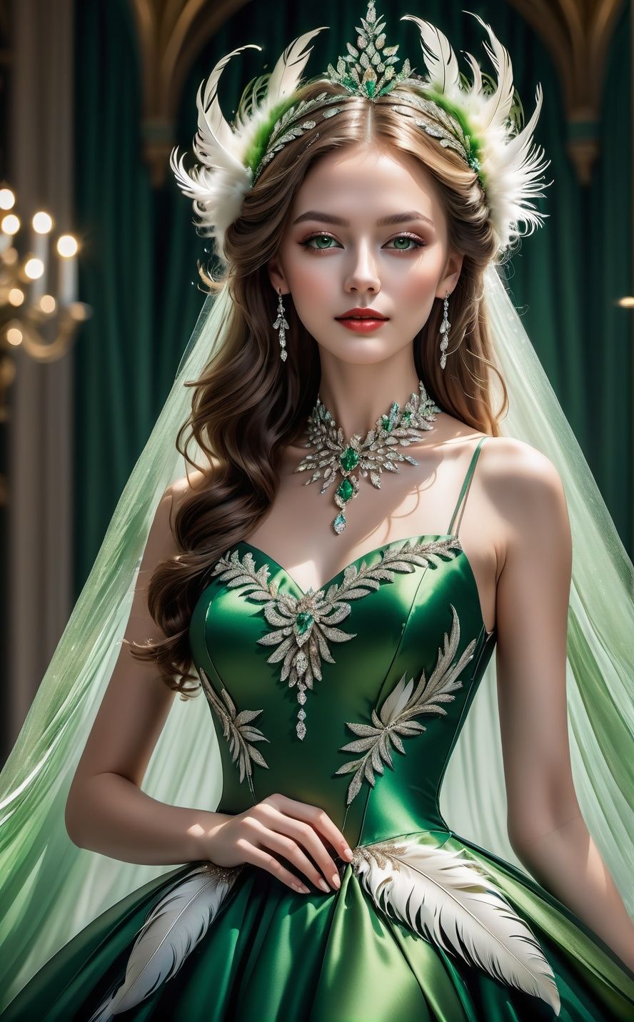 1girl, Bean_Labs, best quality,solo, fashionable green dress,((upper body)),baroco style, the ivory dress that has feathers on the back is beautiful, in the style of transparent layers, glitter and diamond dust, elaborate costumes, monumental ensembles, decadent style, martina hoffman, good proportions, beautiful , matte photo,high resolution , ultra high detail,studio lighting, front lighting ,32k,Canon EOS-1D X Mark II, 90mm ,f5.6,ISO 500,good hands