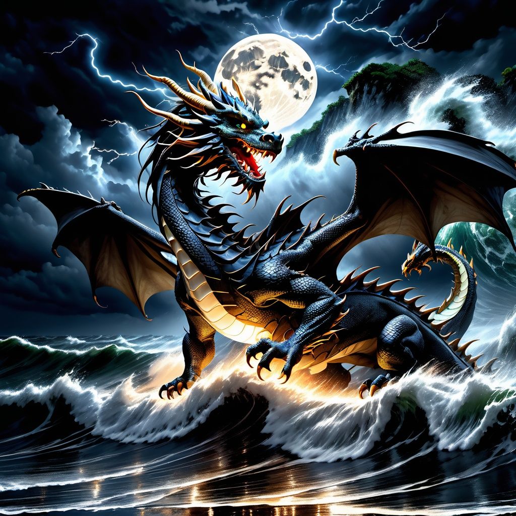 dragon,zhongguolong,reflection,solo,outdoors,from side,scales,ocean,full body,night,moon,Black Cloud,Lightning,rainstorm,wild winds and huge waves,High resolution, master like work, (masterpiece: 1.2), best quality, ultra detailed, realistic rendering,