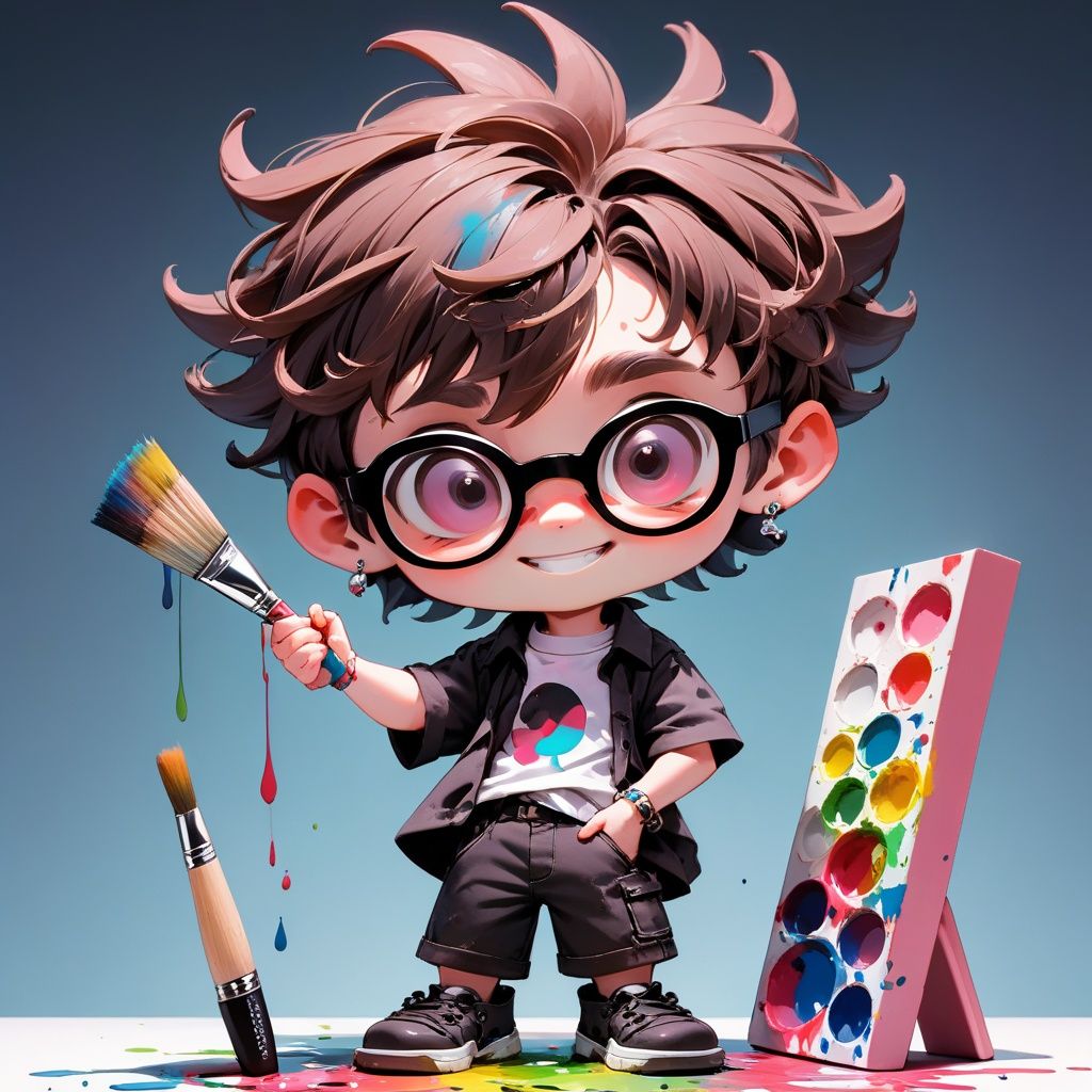 MG_ip,Pixar,1boy, solo, male focus, glasses, holding, chibi, paint, earrings, smile, jewelry, brown hair, paint splatter on face, pants, pink hair, paintbrush, looking at viewer, paint splatter, black eyes, short hair, holding paintbrush, standing, undercut, full body, palette \(object\), closed mouth, gradient background, black-framed eyewear, shirt, black footwear, gradient, round eyewear, painting