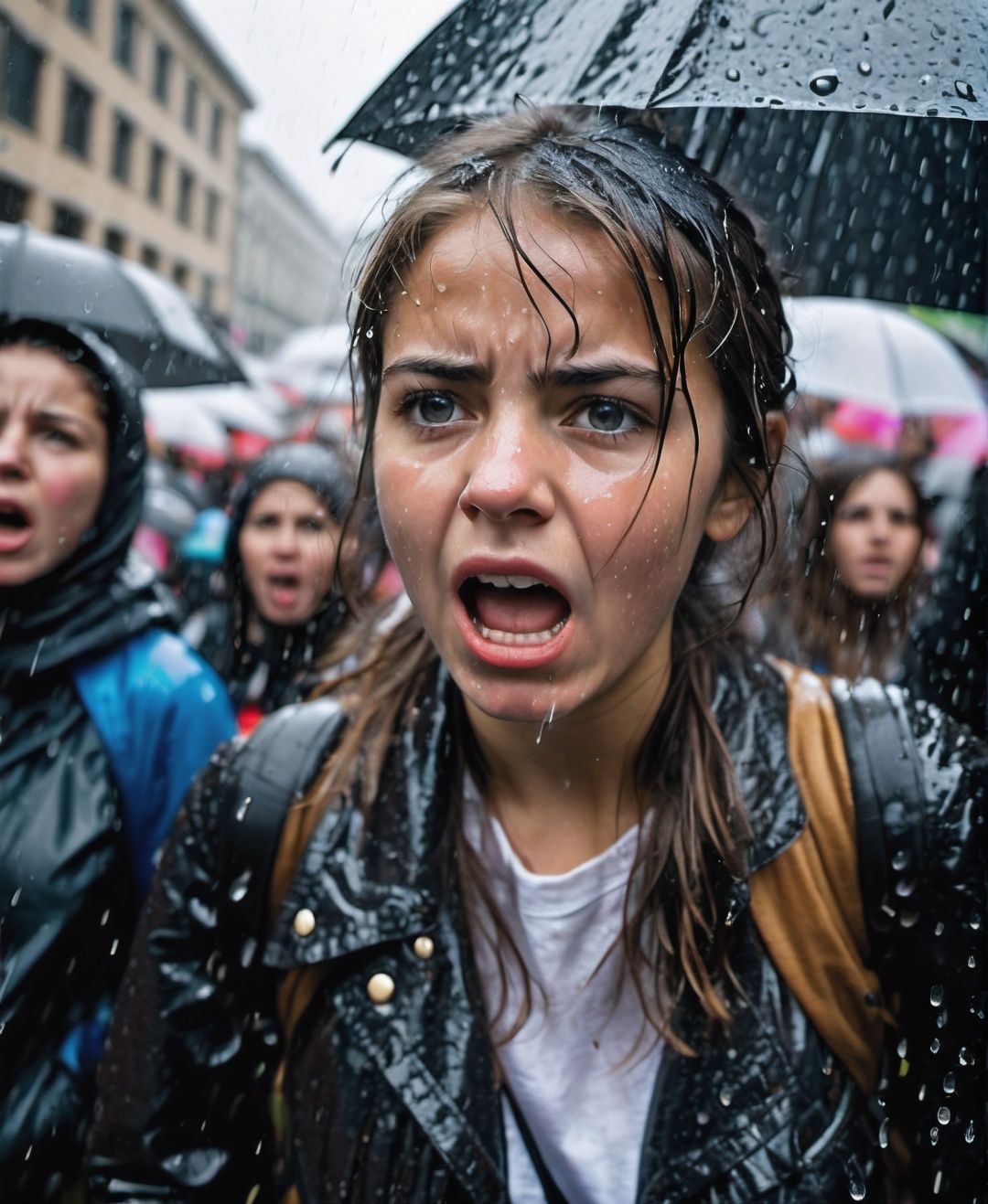 leogirl, realistic Documentary photography,1girl, A young female activist shouting angrily directly into the camera at a protest. Rain pouring down their face distorts their features, conveying outrage and passion. The diffuse natural light heightens the raw, emotional impact.