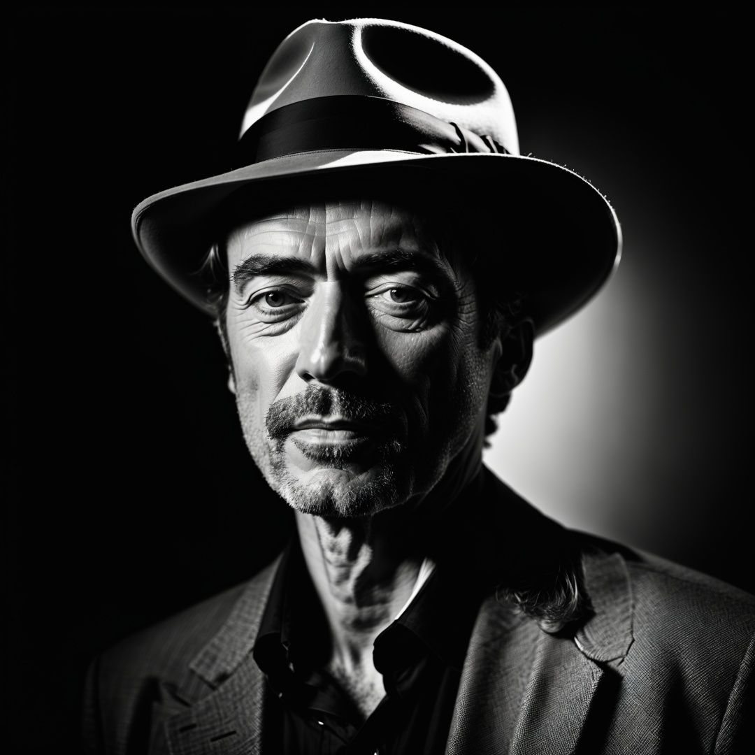 Portrait of a man with a fedora, in the style of chiaroscuro lighting, Sony α7, confident expressions, monochrome image, fine detail, Film Noir Influence, contemporary art, 35mm