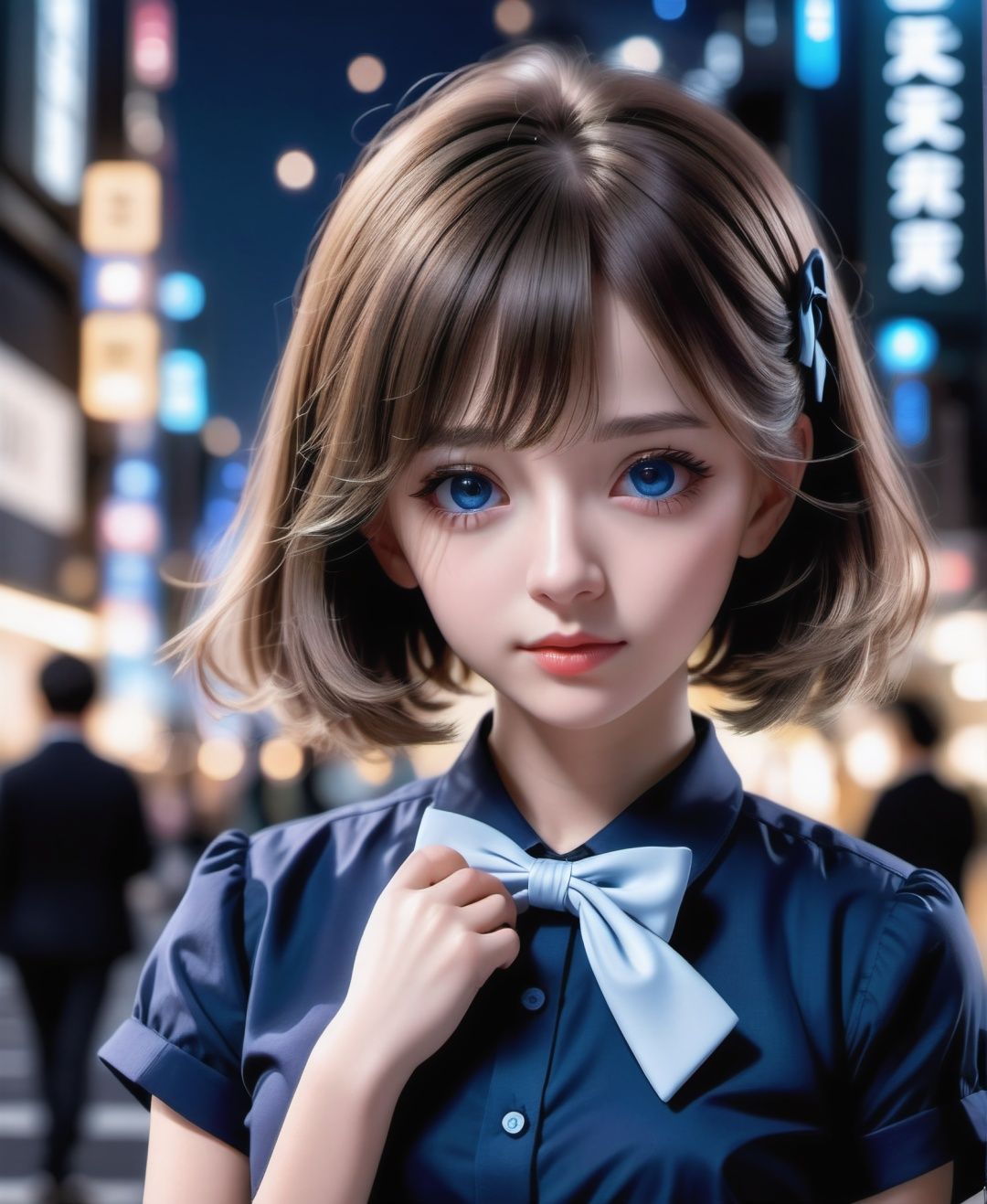 1girl,(8k, RAW photo, best quality, masterpiece:1.3),(realistic,photo-realistic:1.37),(night),(looking at viewer:1.331),(white hair),posing,Tokyo street,nightcityscape, , cyberpunk city,soft light,1girl,extremely beautiful face,bust,put down hands,Random hairstyle,Random expression,big eyes, ,lower abdomen,(short-sleeved JK_shirt),JK_style,(dark blue JK_skirt) ,(bow JK_tie),mix4, an extremely delicate and beautiful girl, depth of field, blurry background, blurry foreground, delicate, beautiful, beautiful face, beautiful eyes, beautiful girl, delicate face, delicate girl, 8k wallpaper,(best quality:1.12),(detailed:1.12),(intricate:1.12),(ultra-detailed:1.12),(highres:1.12), hyper detailed,ultra-detailed, high resolution illustration, colorful, 8k wallpaper, highres, Cinematic light, ray tracing, (8k, RAW photo, best quality, masterpiece, ultra highres, ultra detailed:1.2), (realistic, photo-realistic:)