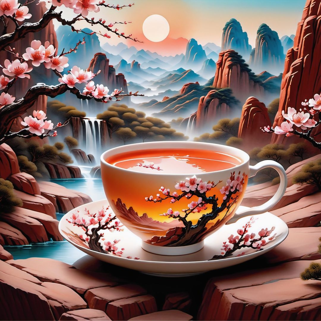 (Masterpiece, high quality, best quality, official art, beauty and aesthetics: 1.2), milk tea cup, surrounded by red rocks, splashing spray, (Chinese landscape paper carving, Chinese Song Dynasty landscape painting: 1.2), (surrealist dream style), cream organic fluid, light tracing, environmental shielding, hazy, natural light, limestone, gel resin sheet, oc rendering, (peach blossom forest background: 1.4),