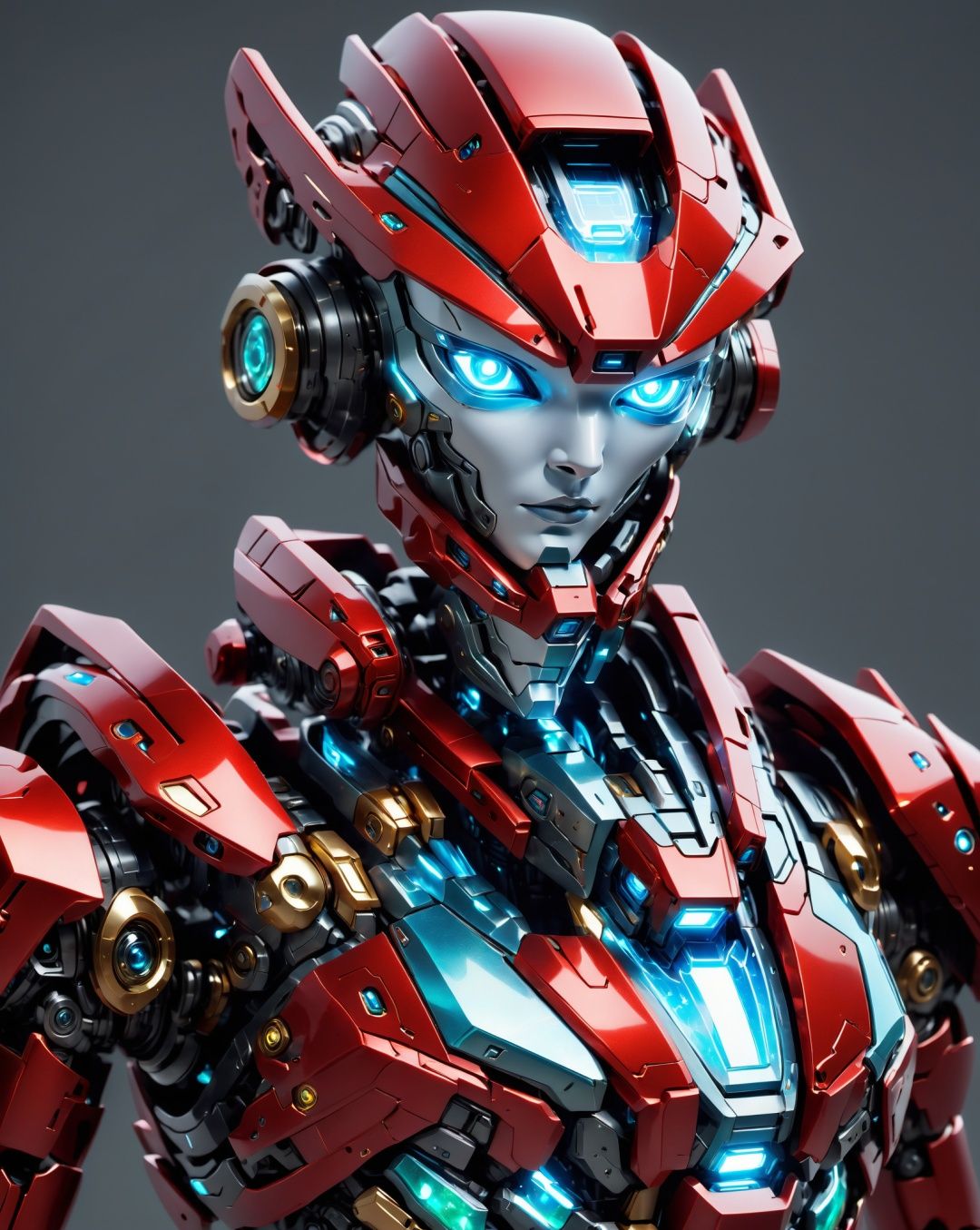 android,wearing mecha,red clothes are like fire,gold edged inlay with jade color,biomimetic human facial features,glowing eyes,nose,open mouth,breasts,blue eyes,simple body structure,clean components without holes,grey background,robot,small breasts,ultra thin material,in battle,Cyberpunk,futurism,projectionholographic display,blue holographic halo wanxiang,wanxiang,