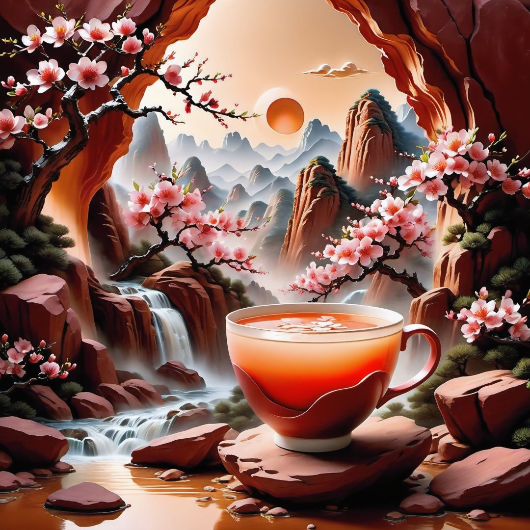 (Masterpiece, high quality, best quality, official art, beauty and aesthetics: 1.2), milk tea cup, surrounded by red rocks, splashing spray, (Chinese landscape paper carving, Chinese Song Dynasty landscape painting: 1.2), (surrealist dream style), cream organic fluid, light tracing, environmental shielding, hazy, natural light, limestone, gel resin sheet, oc rendering, (peach blossom forest background: 1.4),