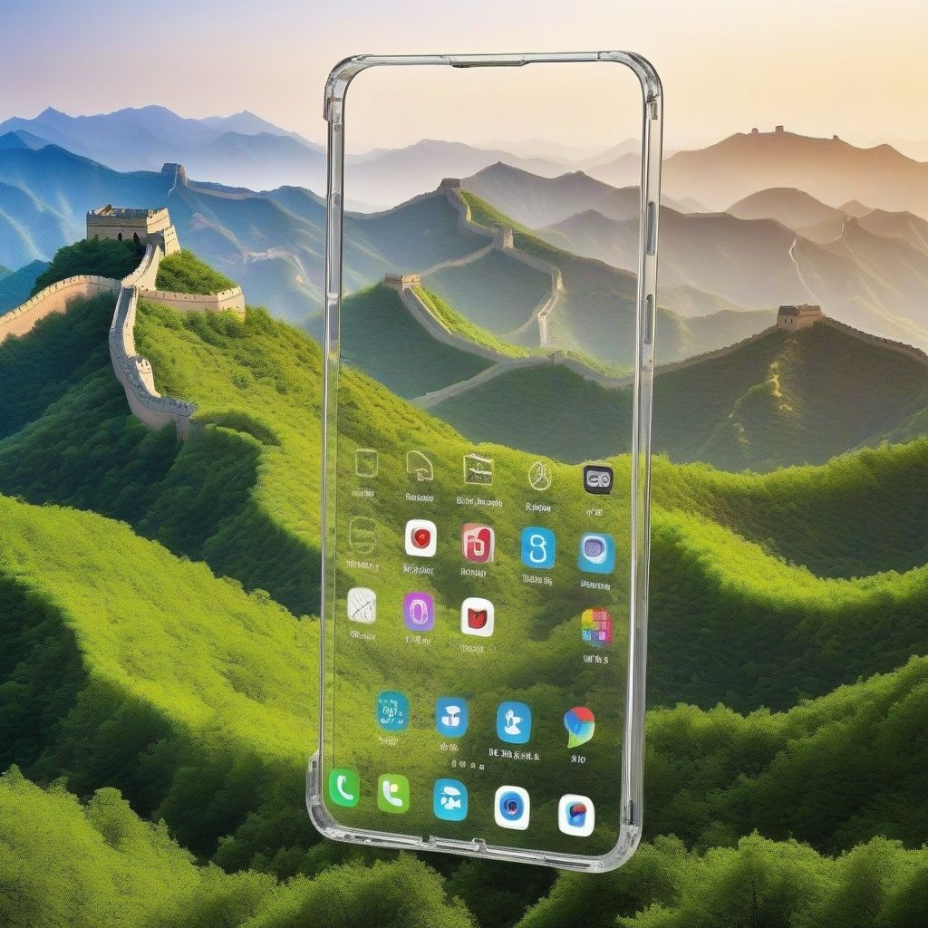 <lora:mobile-000016:0.6>,Transparent smartphones uspended in the air,no humans,The background is great wall,highres,