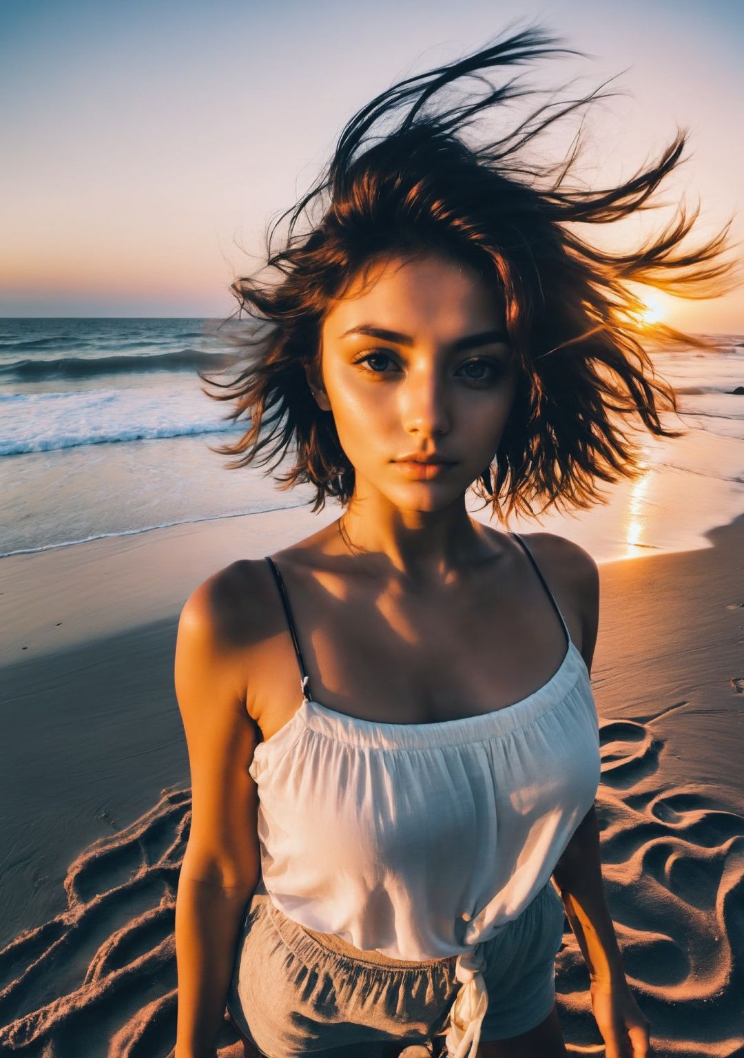 xxmix_girl,a woman takes a fisheye selfie on a beach at sunset, the wind blowing through her messy hair. The sea stretches out behind her, creating a stunning aesthetic and atmosphere with a rating of 1.2.