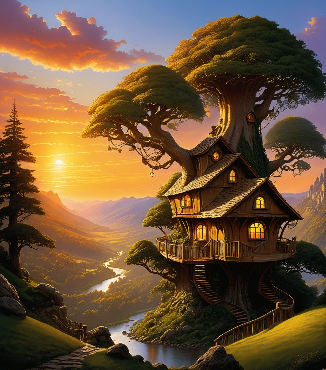 valley, fairytale treehouse village covered, , matte painting, highly detailed, dynamic lighting, cinematic, realism, realistic, photo real, sunset, detailed, high contrast, denoised, centered, michael whelan