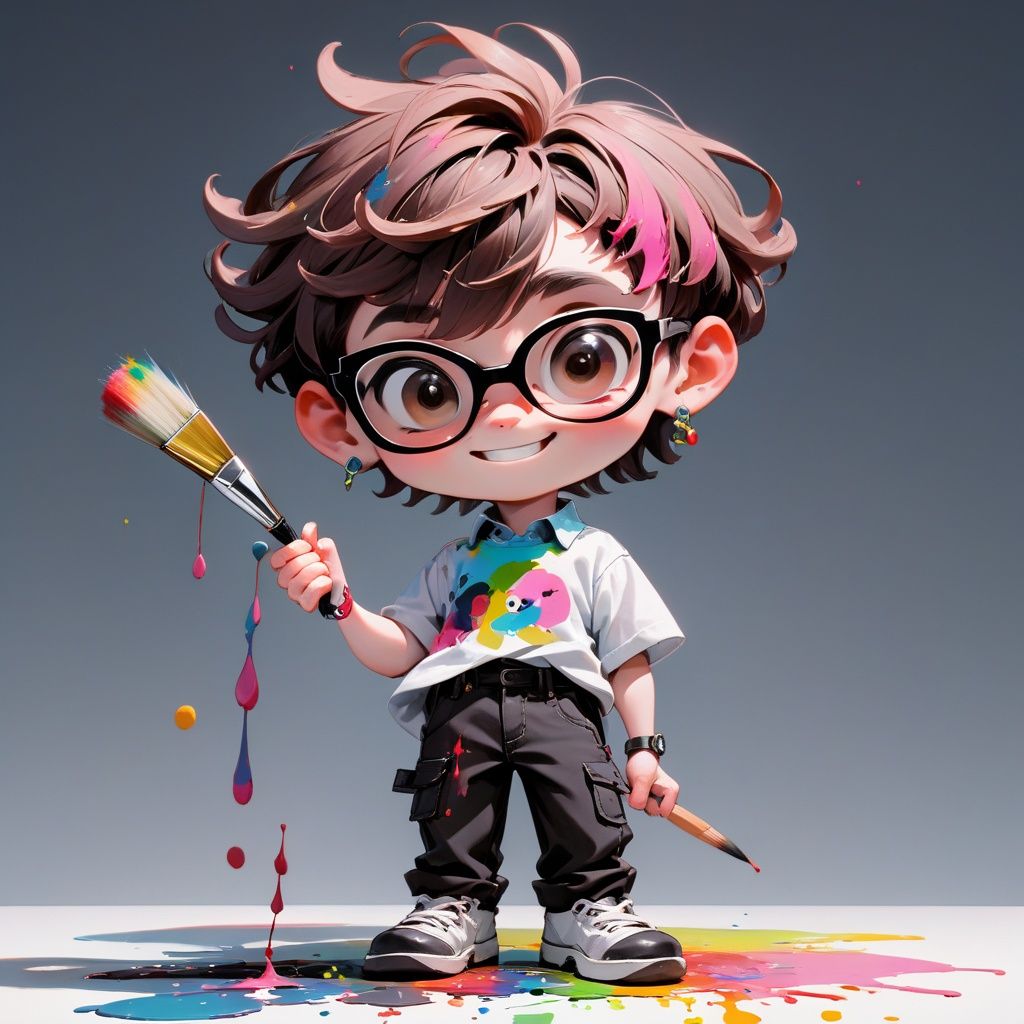 MG_ip,Pixar,1boy, solo, male focus, glasses, holding, chibi, paint, earrings, smile, jewelry, brown hair, paint splatter on face, pants, pink hair, paintbrush, looking at viewer, paint splatter, black eyes, short hair, holding paintbrush, standing, undercut, full body, palette \(object\), closed mouth, gradient background, black-framed eyewear, shirt, black footwear, gradient, round eyewear, painting