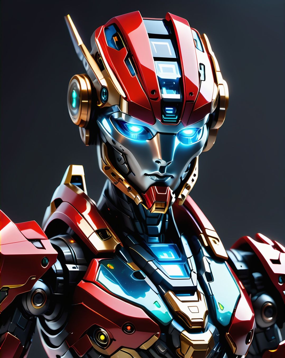 android,wearing mecha,red clothes are like fire,gold edged inlay with jade color,biomimetic human facial features,glowing eyes,nose,open mouth,breasts,blue eyes,simple body structure,clean components without holes,grey background,robot,small breasts,ultra thin material,in battle,Cyberpunk,futurism,projectionholographic display,blue holographic halo wanxiang,wanxiang,