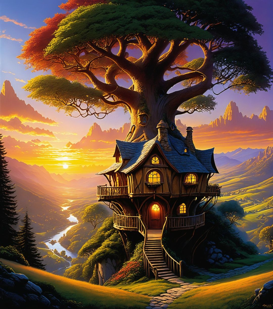 valley, fairytale treehouse village covered, , matte painting, highly detailed, dynamic lighting, cinematic, realism, realistic, photo real, sunset, detailed, high contrast, denoised, centered, michael whelan