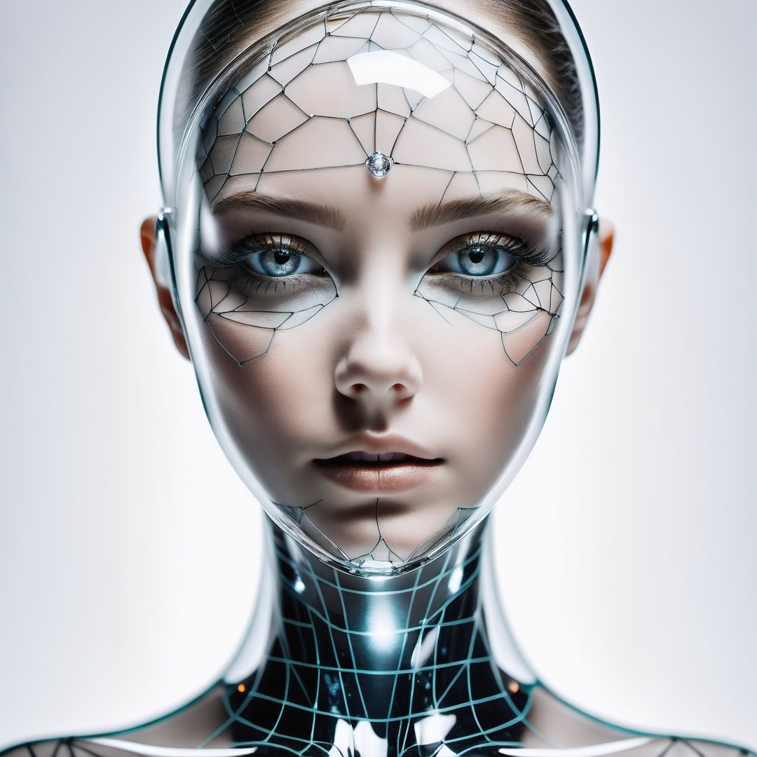 a professional closeup, photo of a glass human, white background, transparent body, visible veins, highly detailed, head, upper body, <lora:add-detail-xl:3>, breathtaking,