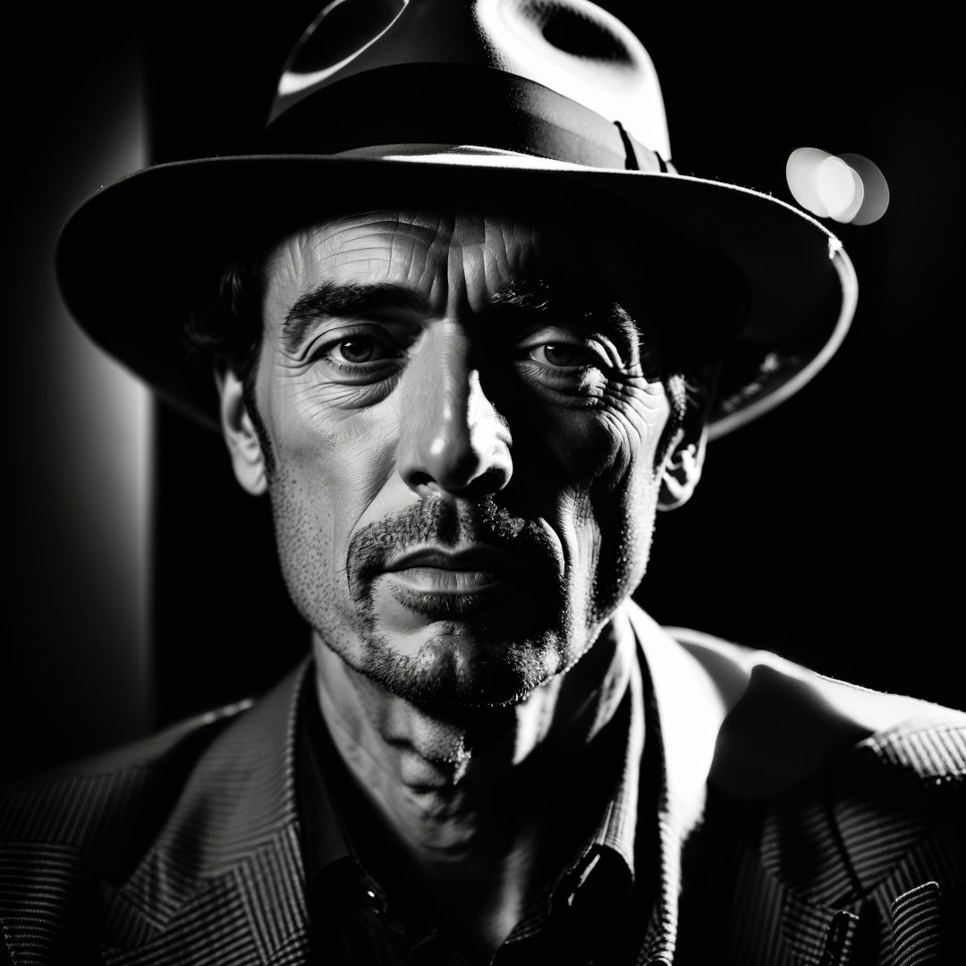 Portrait of a man with a fedora, in the style of chiaroscuro lighting, Sony α7, confident expressions, monochrome image, fine detail, Film Noir Influence, contemporary art, 35mm