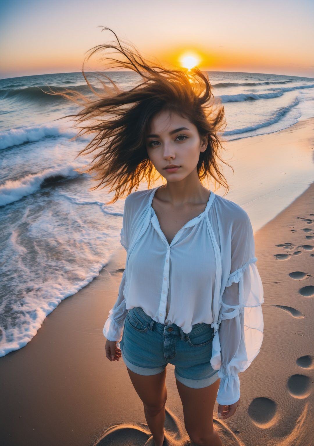 xxmix_girl,a woman takes a fisheye selfie on a beach at sunset, the wind blowing through her messy hair. The sea stretches out behind her, creating a stunning aesthetic and atmosphere with a rating of 1.2.