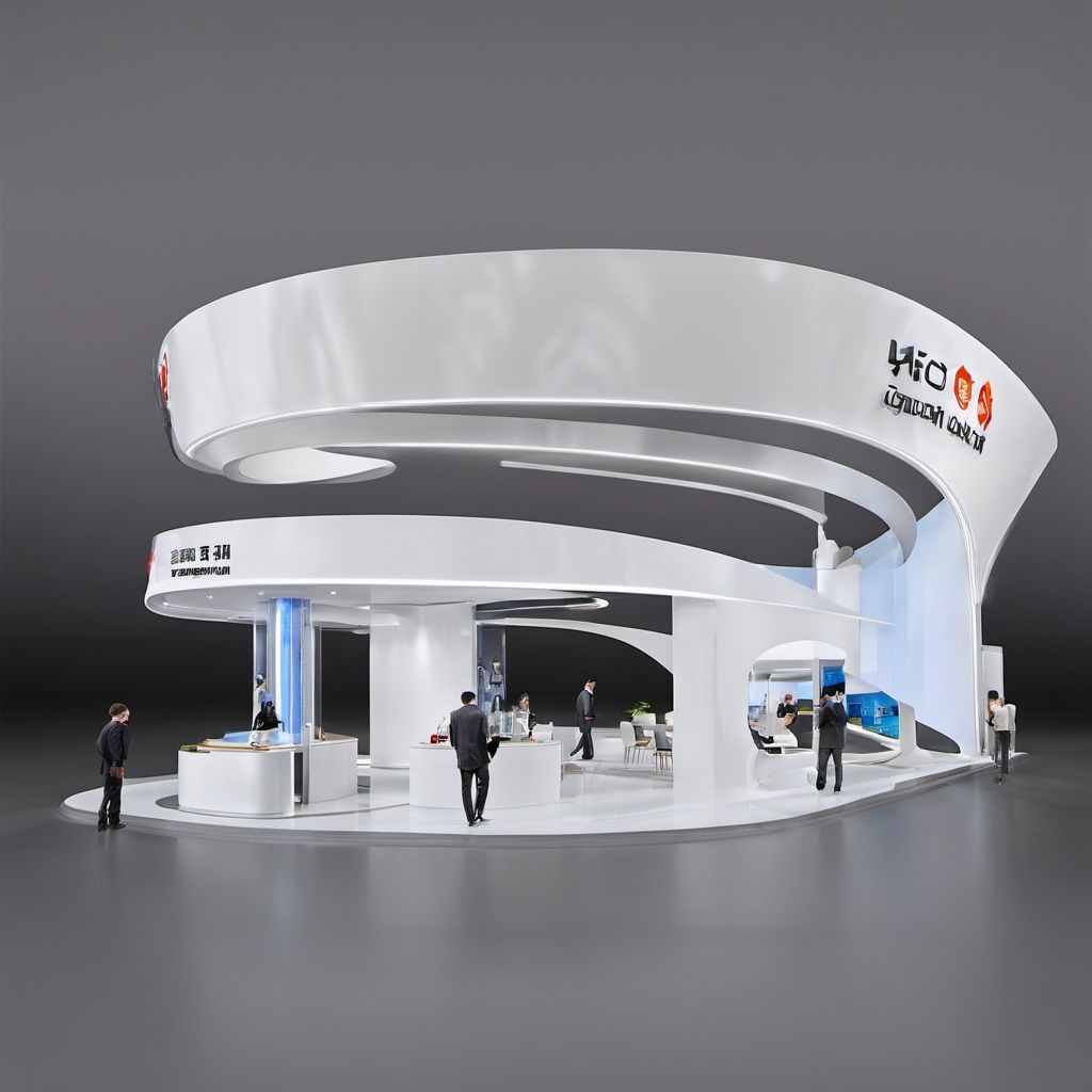ZHanTAi,Booth,Four side openings, single point perspective, stainless steel panels, streamlined stainless steel grid molding, streamlined molding, people, gray floor, streamlined white luminous lines, High quality,4K,professional lighting,VRAY rendering <lora:ztxl-000009:1>