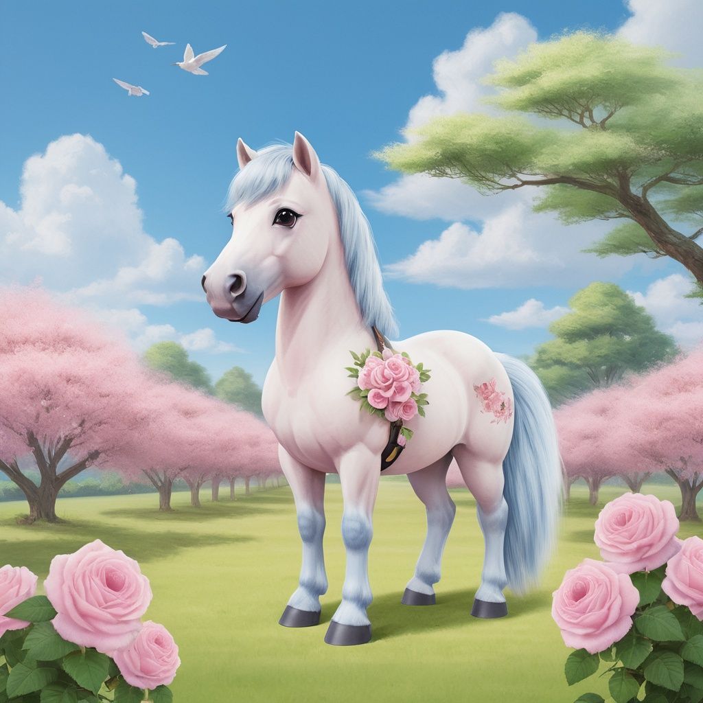 masterpiece, Pony, Lovely, In the middle of the picture, Mid-range, Outdoor, Light blue sky, Clouds, Garden, Big tree, Pink roses, Collar, Furry, Twelve signs of the Chinese zodiac, textured skin, super detail, best quality <lora:Cutepetparty-000006:0.5> 