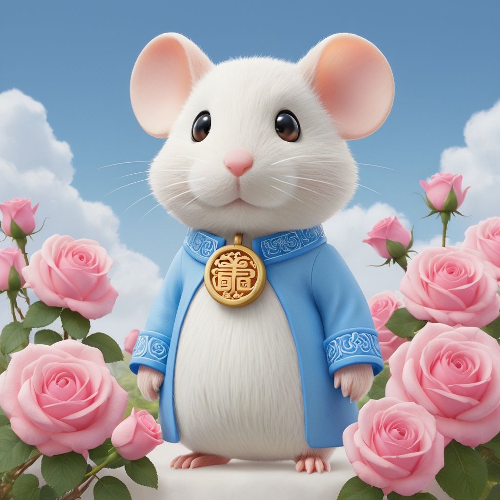 masterpiece, Little Mouse, Lovely, In the middle of the picture, Mid-range, Outdoor, Light blue sky, Clouds, Garden, Big tree, Pink roses, Collar, Furry, Twelve signs of the Chinese zodiac, textured skin, super detail, best quality <lora:Cutepetparty-000006:0.5> 