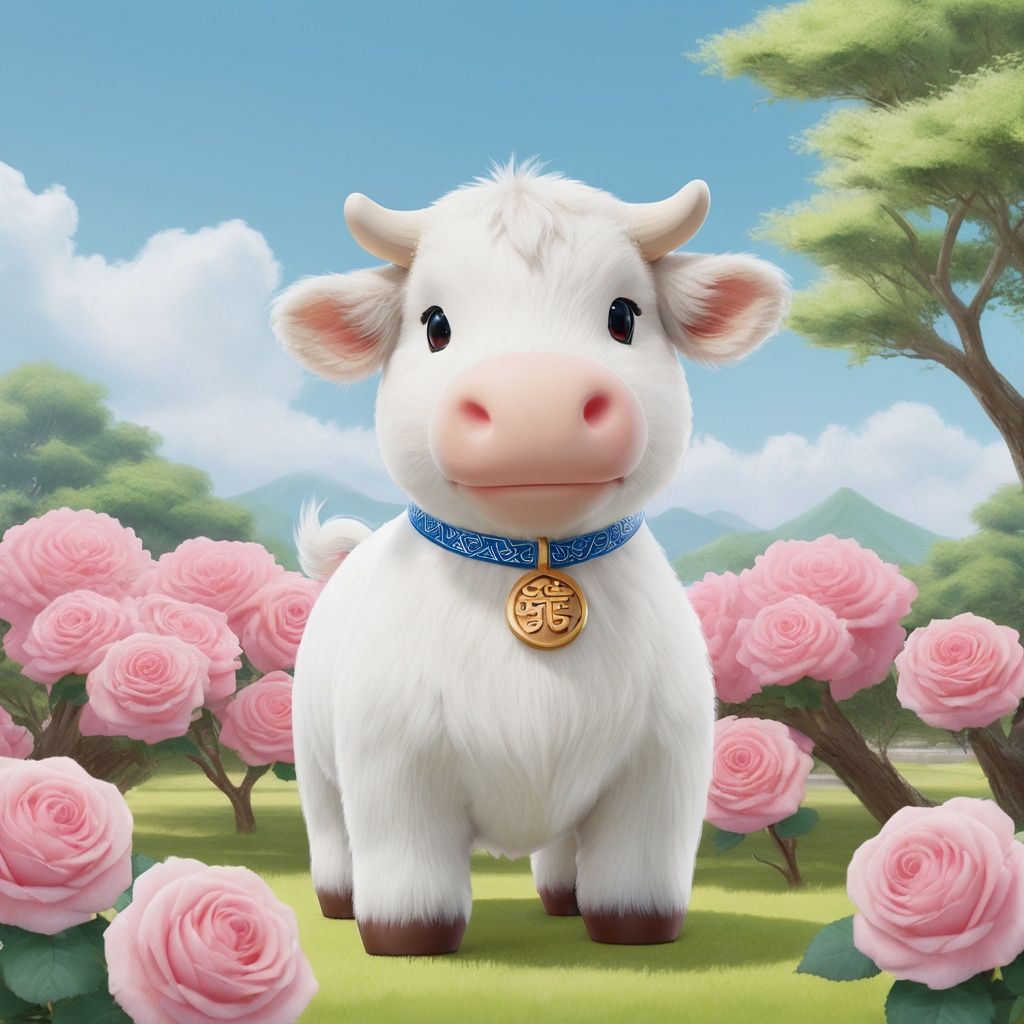 masterpiece, Calf, Lovely, In the middle of the picture, Mid-range, Outdoor, Light blue sky, Clouds, Garden, Big tree, Pink roses, Collar, Furry, Twelve signs of the Chinese zodiac, textured skin, super detail, best quality <lora:Cutepetparty-000006:0.5> 