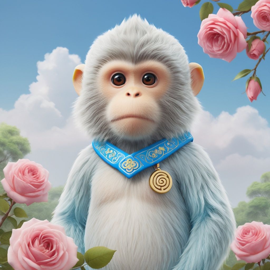 masterpiece, Little monkey, Lovely, In the middle of the picture, Mid-range, Outdoor, Light blue sky, Clouds, Garden, Big tree, Pink roses, Collar, Furry, Twelve signs of the Chinese zodiac, textured skin, super detail, best quality <lora:Cutepetparty-000006:0.5> 