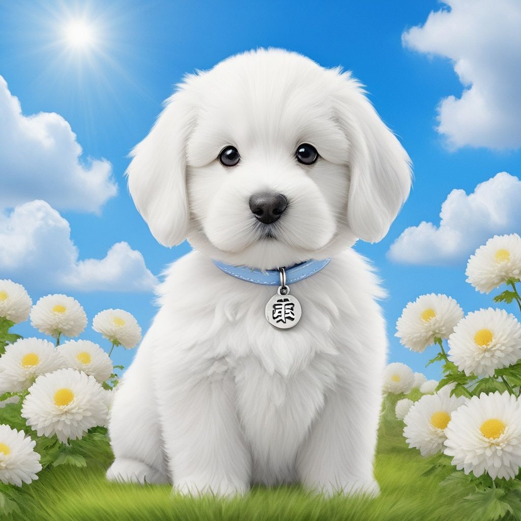 masterpiece, Puppy, Young and young, Lovely, In the middle of the picture, Mid-range, Outdoor, Light blue sky, Clouds, Garden, White chrysanthemum, Big tree, Collar, Furry, Twelve signs of the Chinese zodiac, Corky Dog, HDR, Hairy pets, textured skin, super detail, best quality