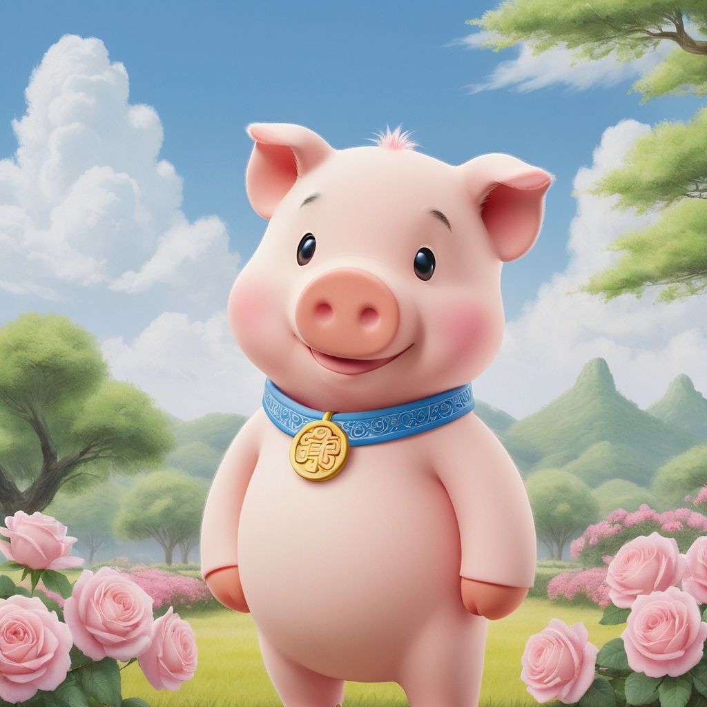 masterpiece, Piglet, Lovely, In the middle of the picture, Mid-range, Outdoor, Light blue sky, Clouds, Garden, Big tree, Pink roses, Collar, Furry, Twelve signs of the Chinese zodiac, textured skin, super detail, best quality <lora:Cutepetparty-000006:0.5> 